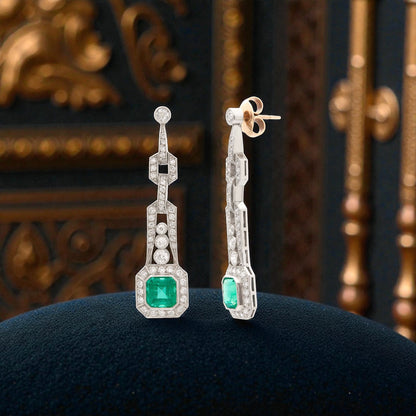 Platinum Art Deco-Style Emerald-Cut Emerald & Diamond Drop Earrings (3.65ct Emeralds, 2.30ct Diamonds)