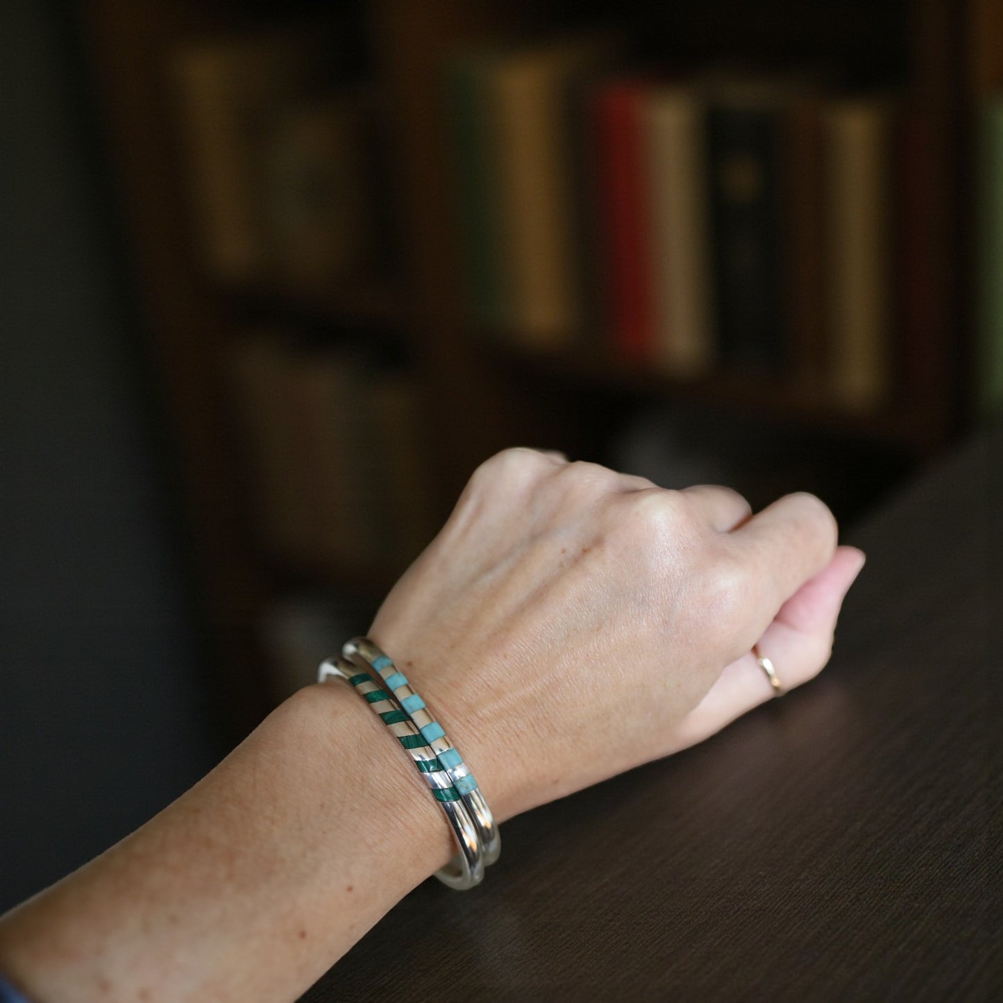 Vintage Mexican Silver Amazonite Inlaid Bangle Bracelet – 925 Silver with Invisible Clasp