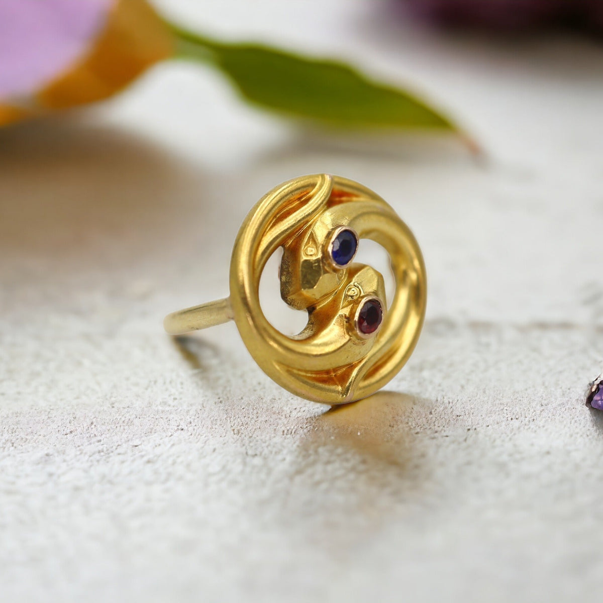Art Nouveau 18k yellow gold twin serpent ring with sapphire and ruby heads, converted from a scarf pin