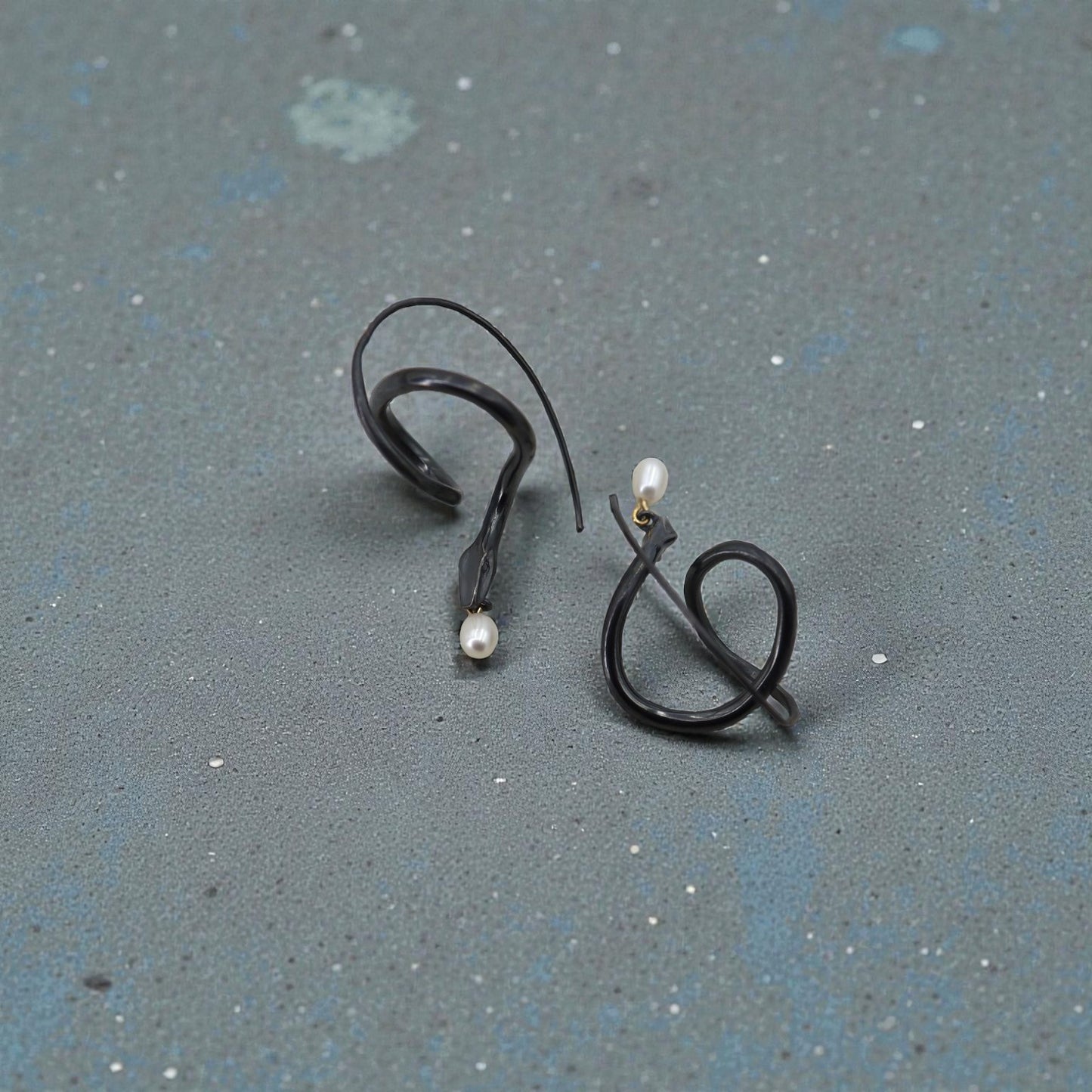 Blackened Silver Snake & Pearl Earrings