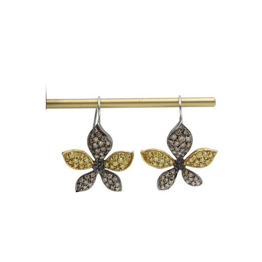 Outstanding 1.60 cts Yellow & Brown Diamond Flower Drop Earrings in 18k Gold - Petra Star