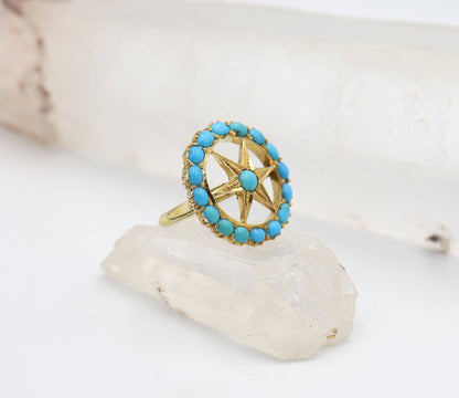 Art Nouveau Turquoise Star in Wheel Ring in 18k Yellow Gold