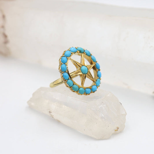 Art Nouveau Turquoise Star in Wheel Ring in 18k Yellow Gold - Petra Star