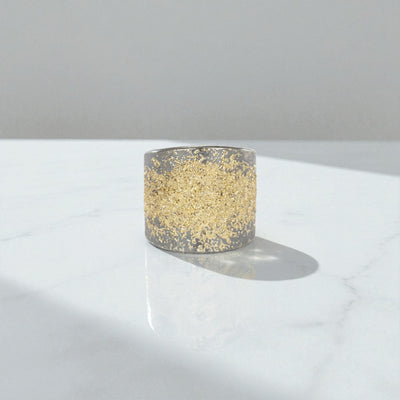 Kate Maller 22k gold and oxidized silver tall cigar band ring with a bold, sleek design and intricate detailing.