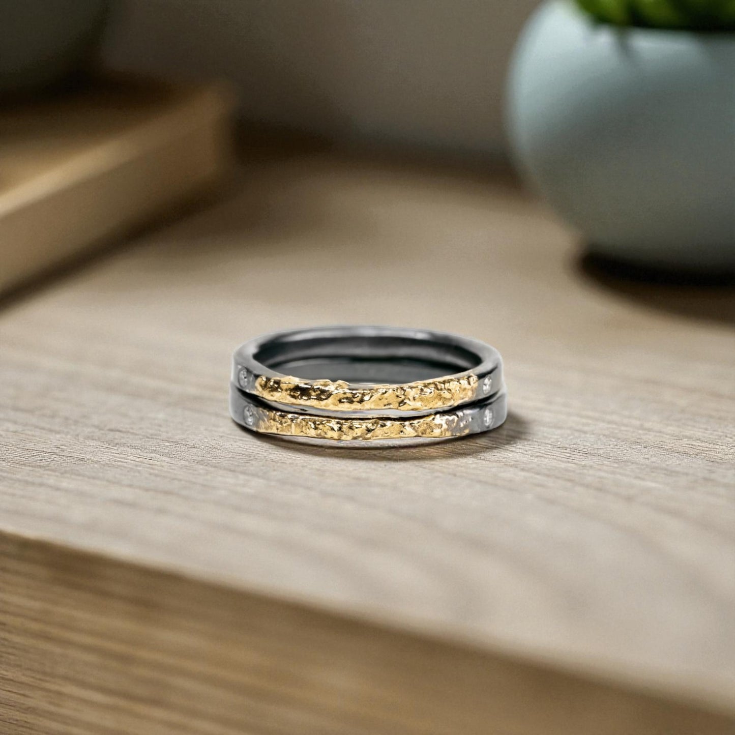 The Jane Stack Ring—18k Gold, Oxidized Silver & Diamonds