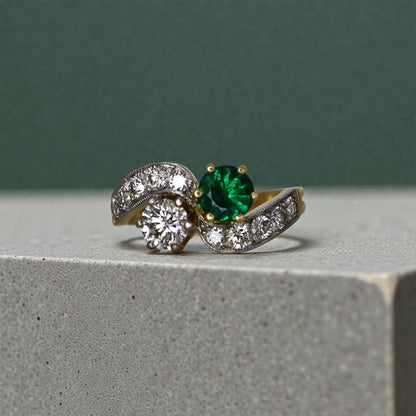 French Emerald Diamond Gold Toi et Moi Engagement Ring - Petra Star