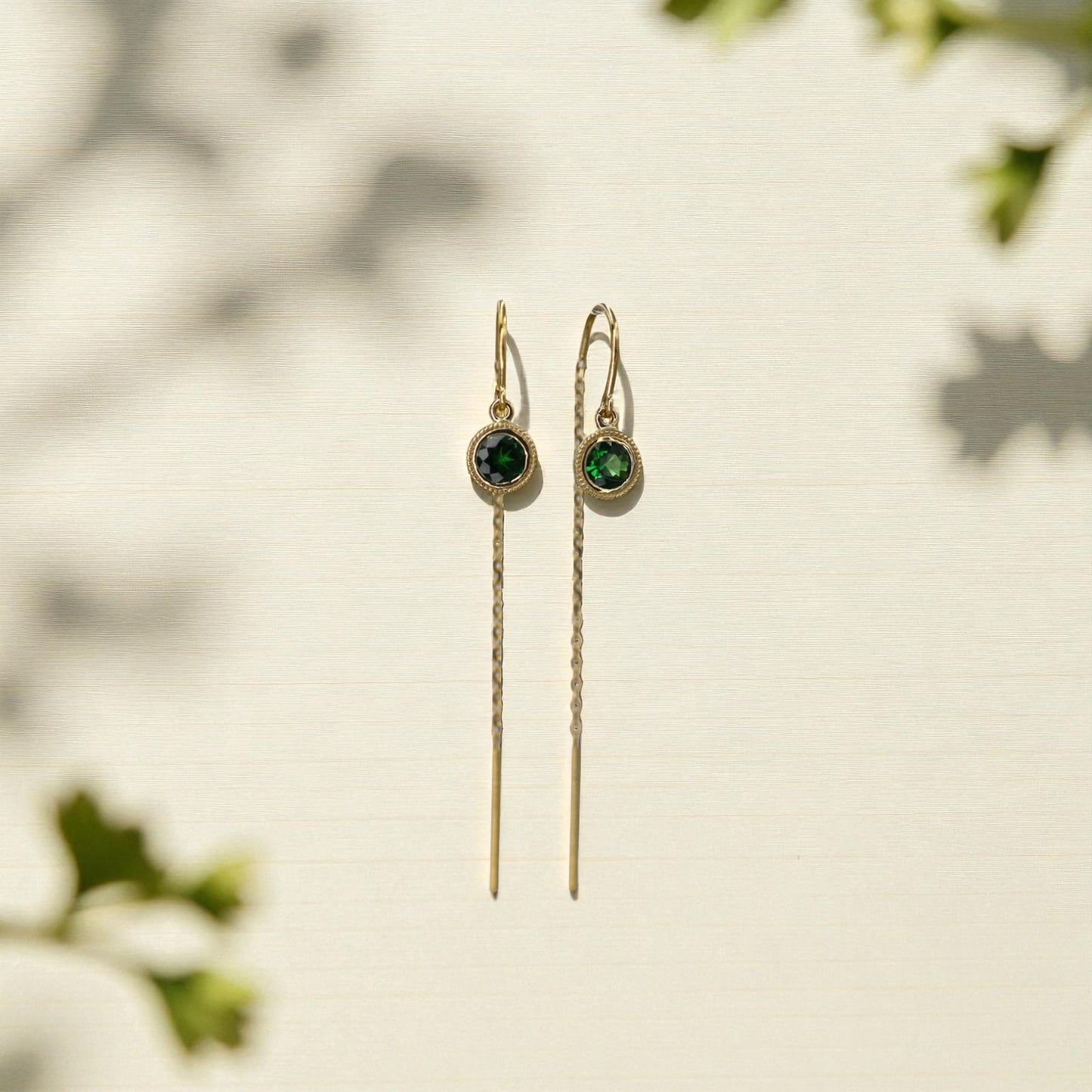 Tsavorite Garnet Threader Earrings in 14k Yellow Gold