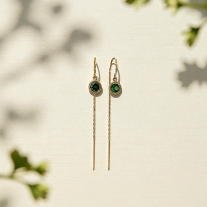 Tsavorite Garnet Threader Earrings in 14k Yellow Gold