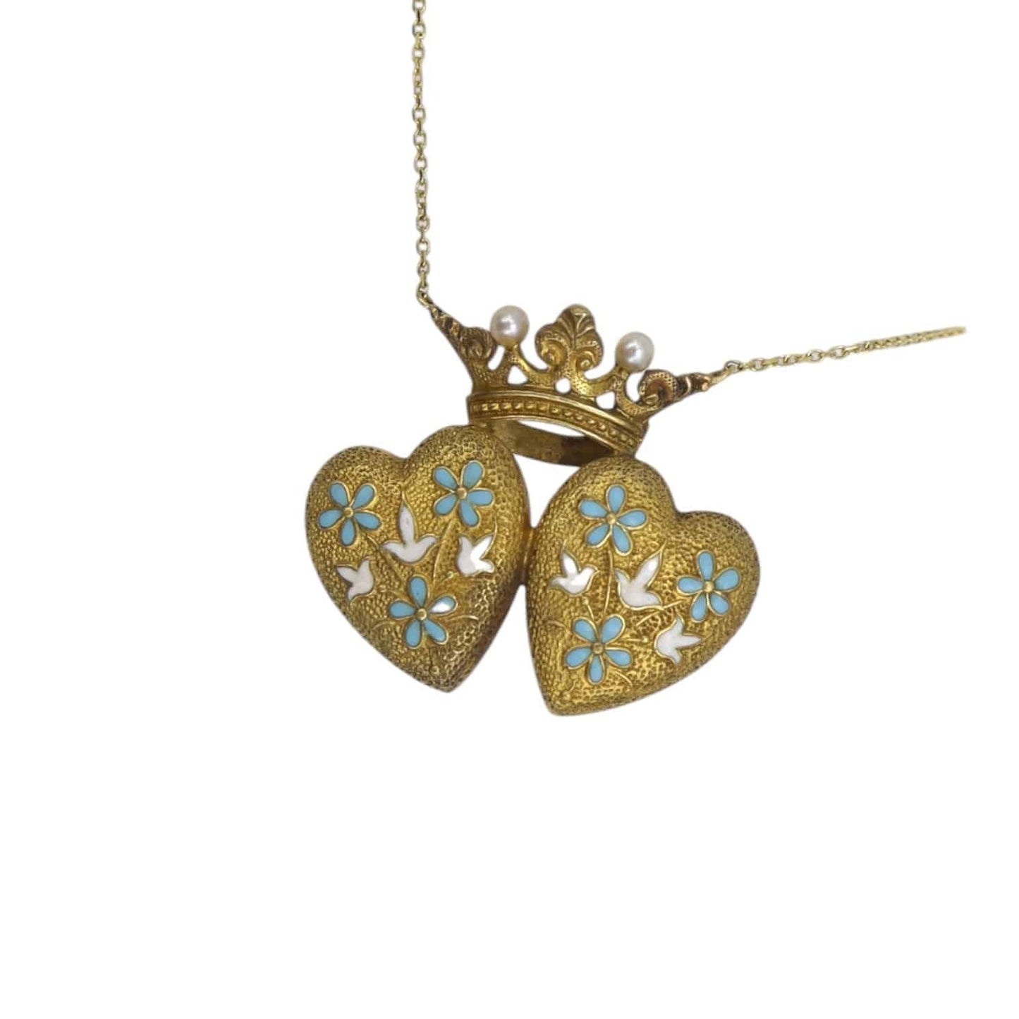 Art Nouveau Repoussé Double Heart and Crown Necklace with Pearls and Enamel