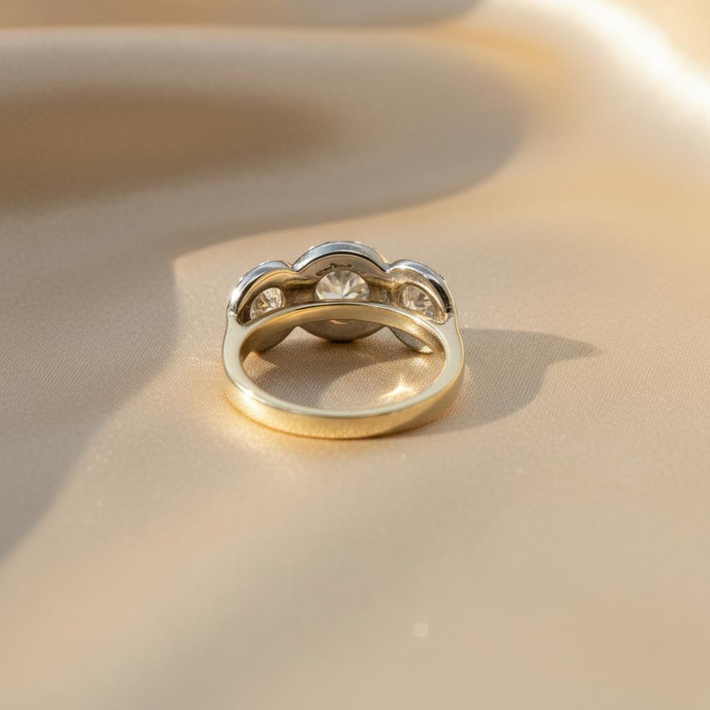 GIA-certified round brilliant-cut diamonds in a two-tone halo engagement ring by PS, showcasing sparkling stones and elegant design.