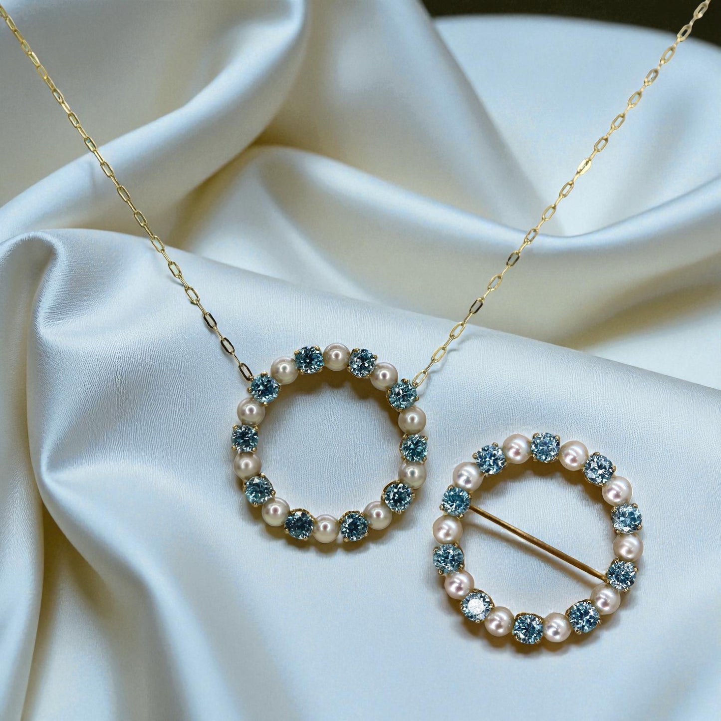 Blue Zircon & Pearl Circle Necklace 14k Gold – Vintage Brooch Conversion