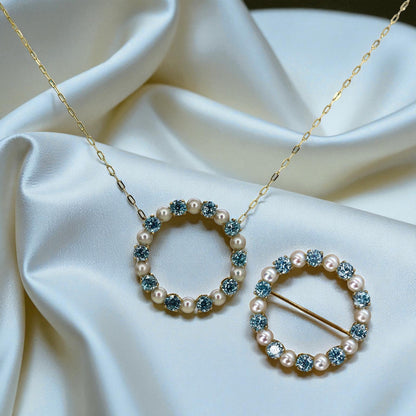 Blue Zircon & Pearl Circle Necklace 14k Gold – Vintage Brooch Conversion