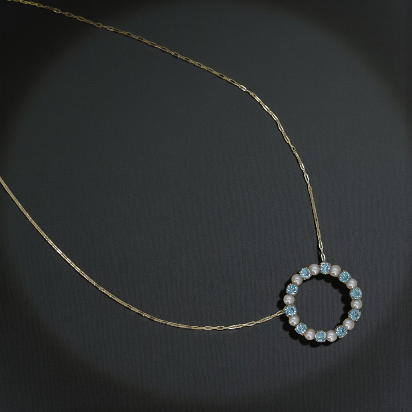 Blue Zircon & Pearl Circle Necklace 14k Gold – Vintage Brooch Conversion