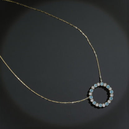 Blue Zircon & Pearl Circle Necklace 14k Gold – Vintage Brooch Conversion