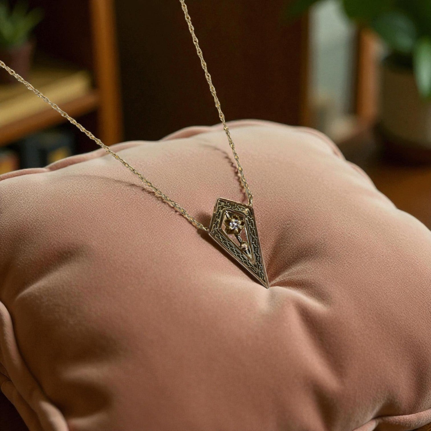 Art Deco diamond stickpin conversion necklace featuring vintage design and sparkling diamonds, crafted by The Vintage Vault.