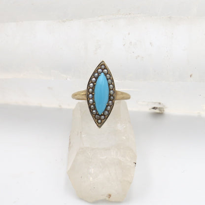 Victorian Turquoise and Pearl Navette Ring in 14k Yellow Gold - JL877 - Petra Star