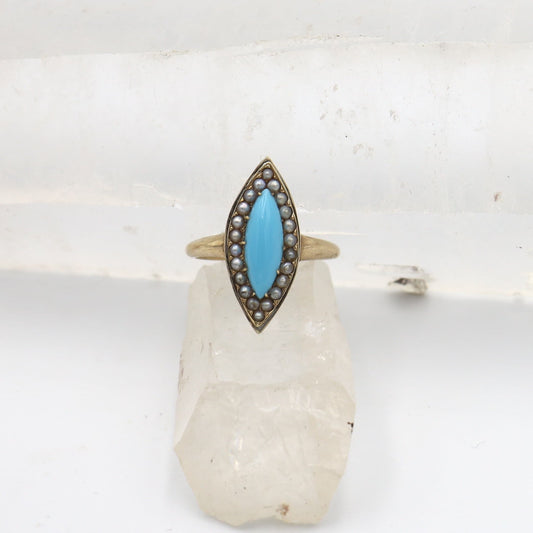 Victorian Turquoise and Pearl Navette Ring in 14k Yellow Gold - JL877 - Petra Star