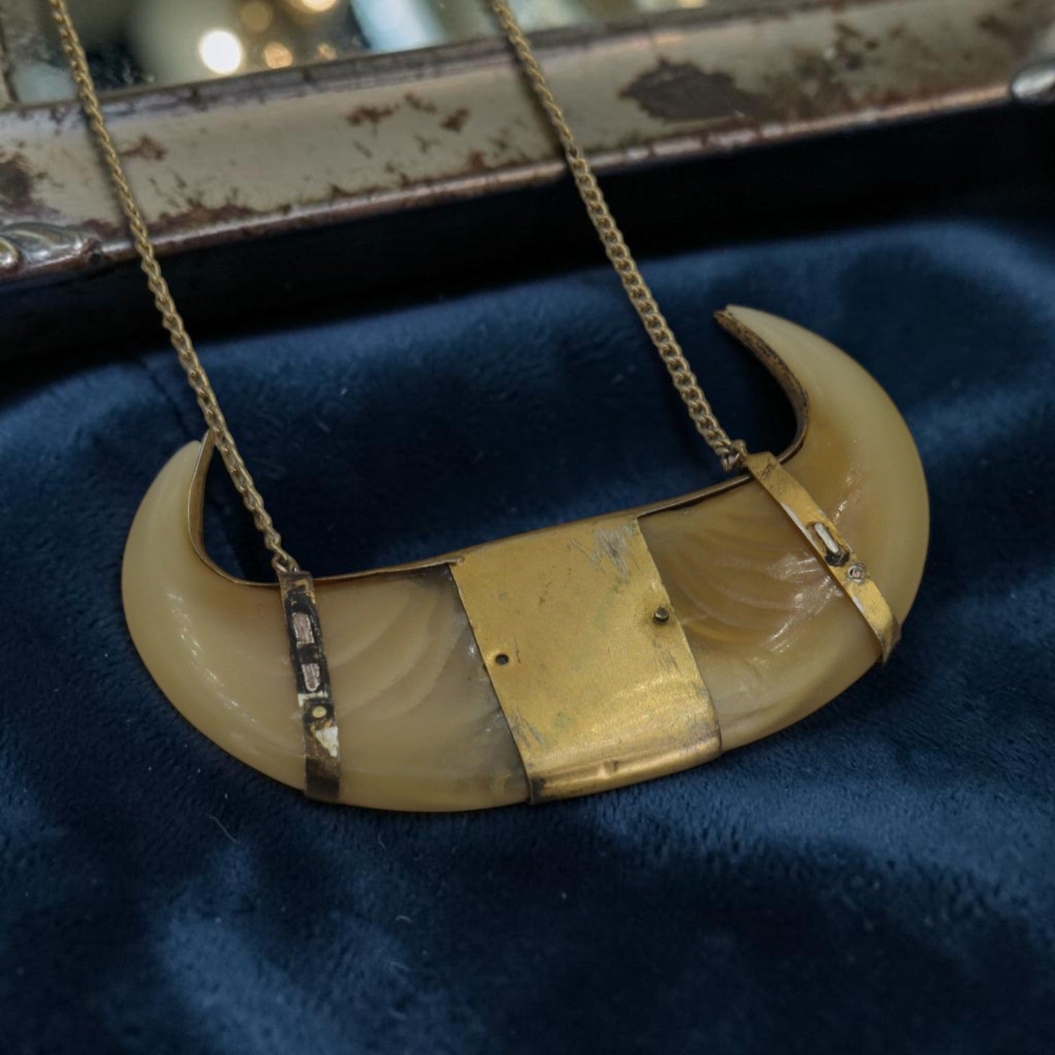 Antique Double Tiger Claw Necklace, Victorian British Raj Gold Filled Engraved Pendant