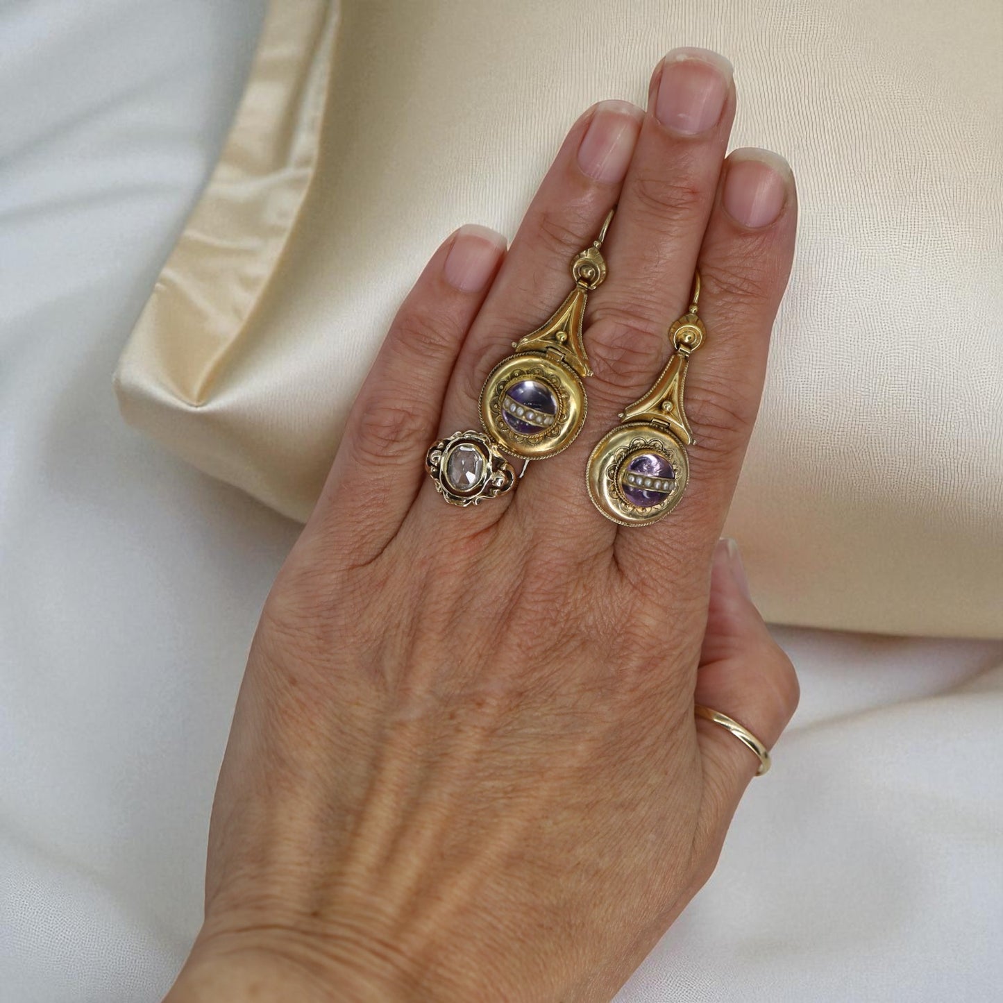 Antique Etruscan Revival Amethyst & Pearl Earrings in 14k Gold, c. 1870s - Petra Star