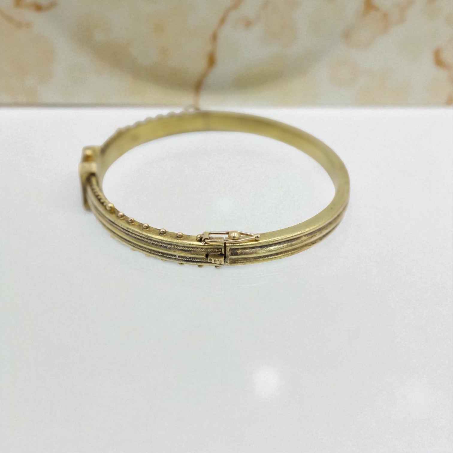 Victorian Etruscan Revival Bangle Bracelet in 15k Gold with Old Mine Cut Diamond, c.1850s - Petra Star