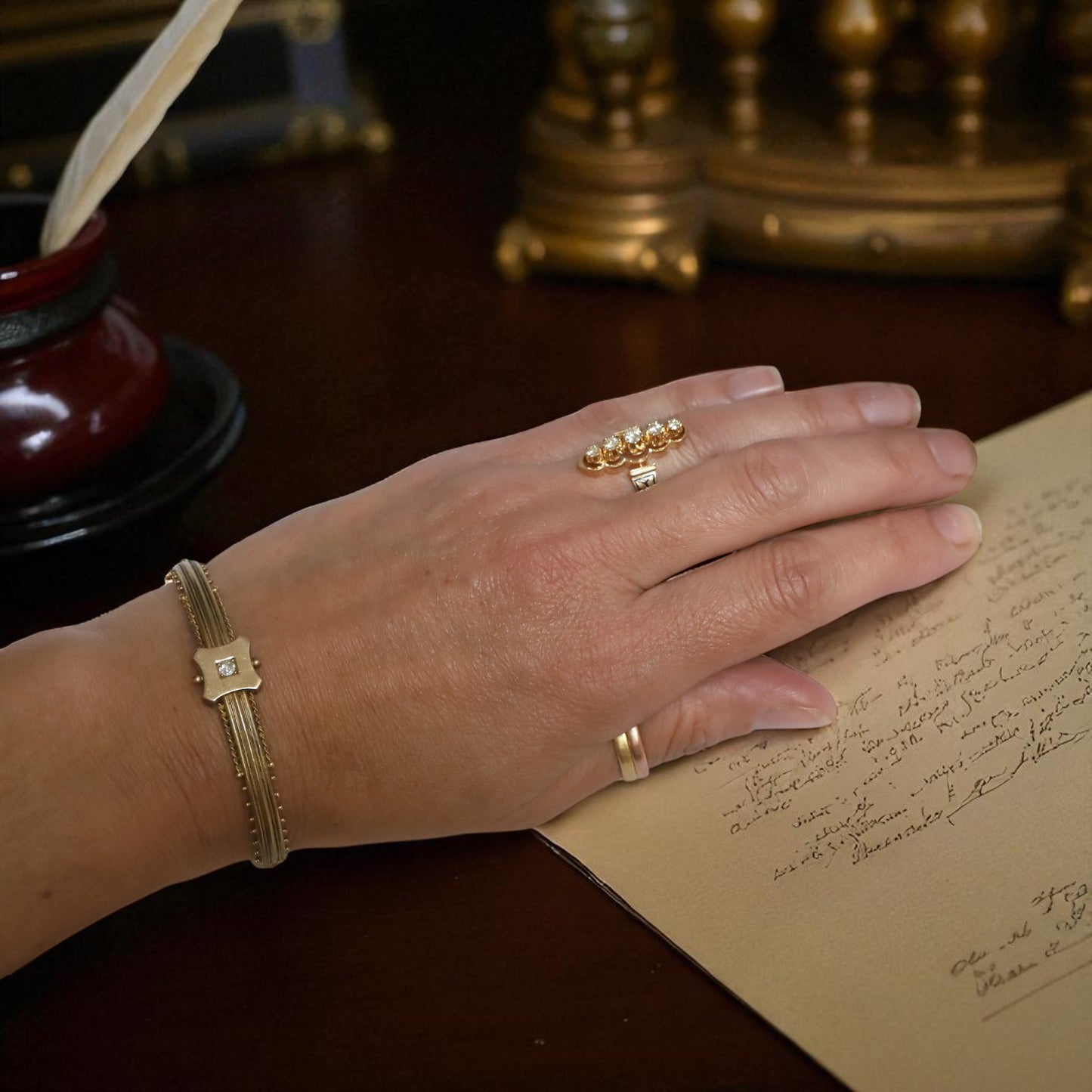 Victorian Etruscan Revival Bangle Bracelet in 15k Gold with Old Mine Cut Diamond, c.1850s - Petra Star