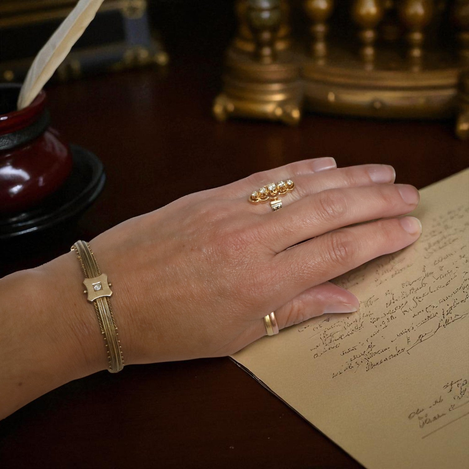 Victorian Etruscan Revival Bangle Bracelet in 15k Gold with Old Mine Cut Diamond, c.1850s - Petra Star