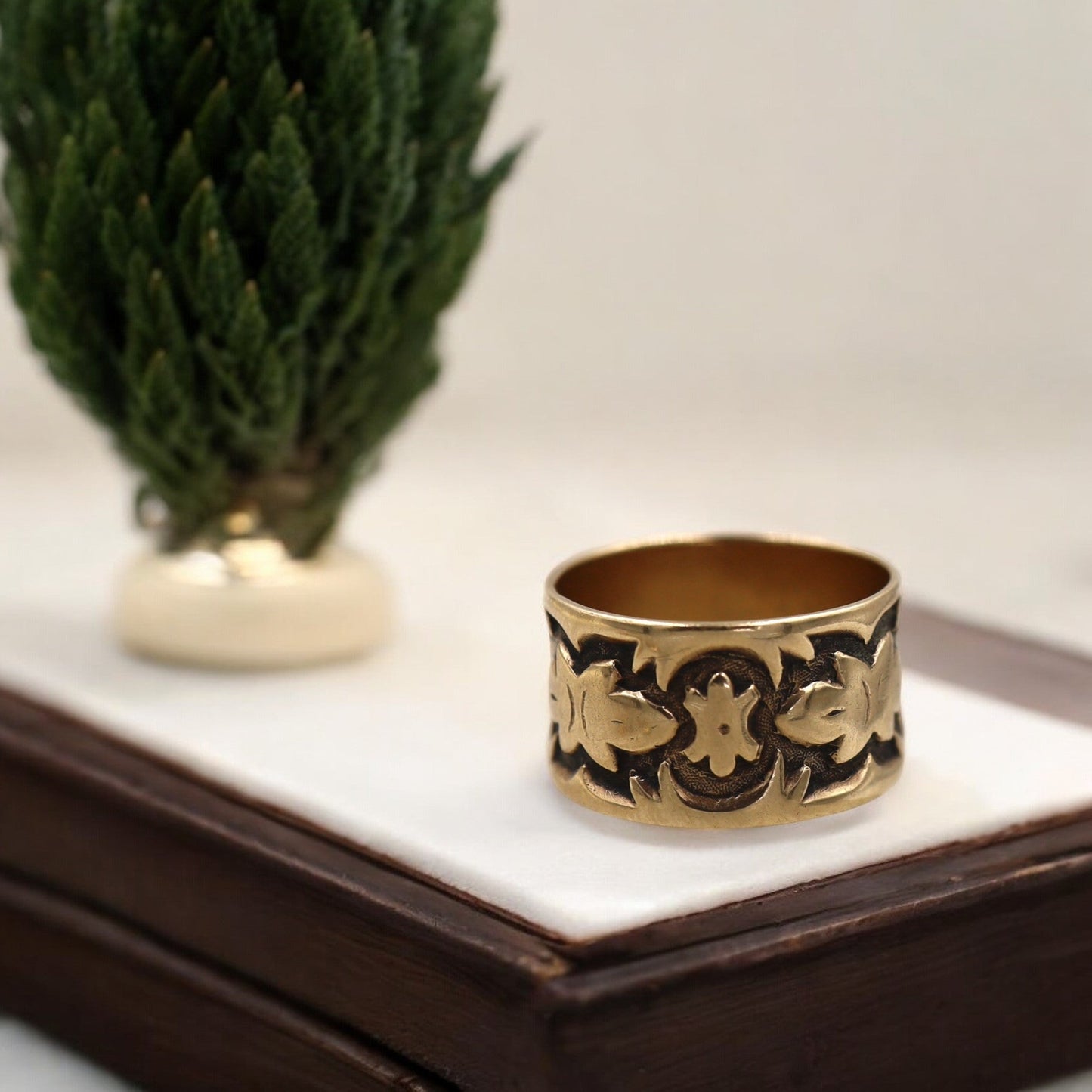 Victorian 10K Pink Gold Cigar Band Ring – Wide Engraved Antique, Size 5.5 - Petra Star