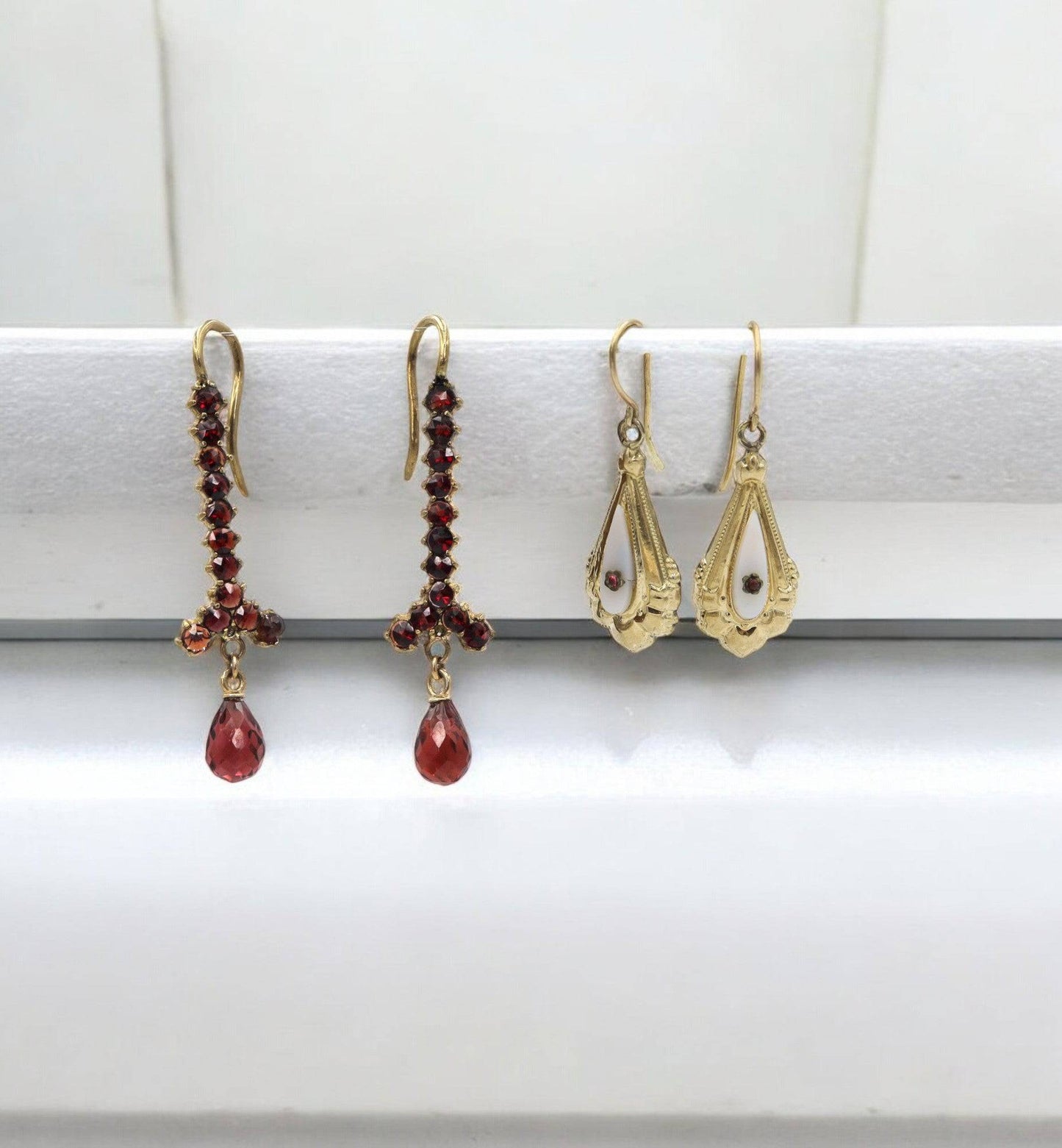 Victorian Bohemian Garnet Drop Earrings 10K Gold