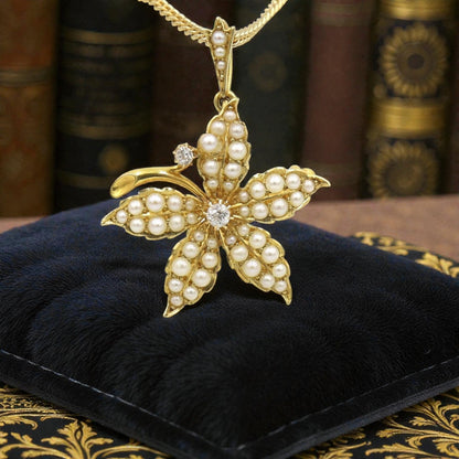 15k Gold Victorian Diamond & Pearl Flower Pendant/Brooch