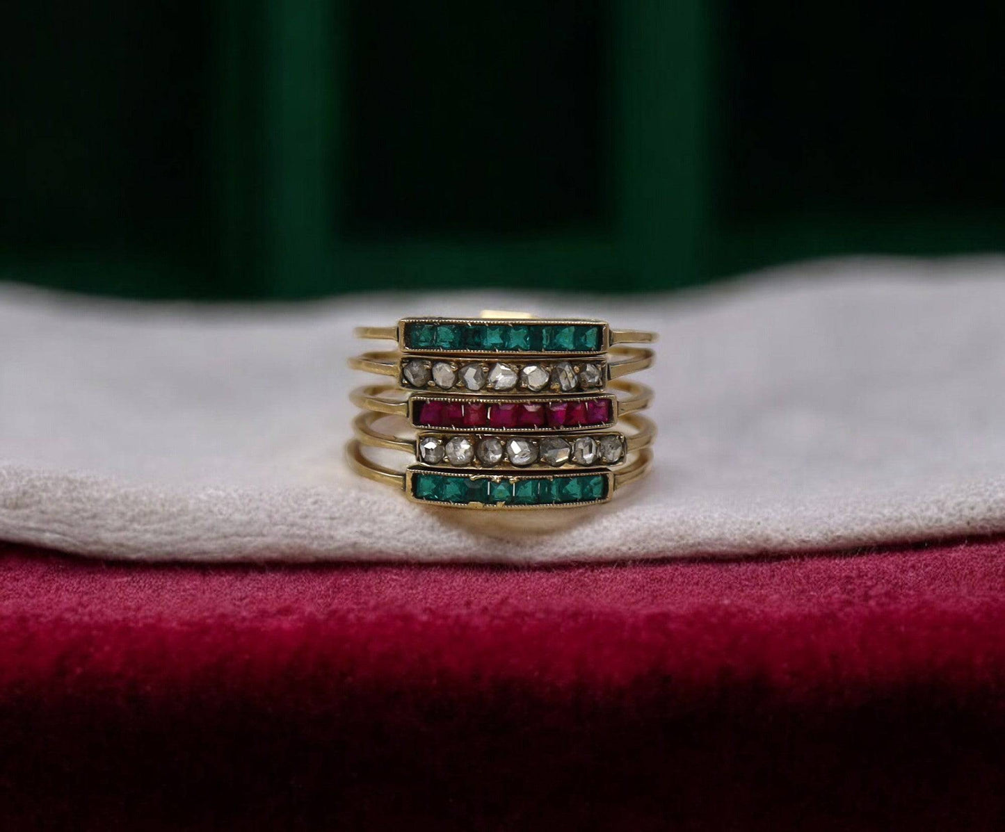 Victorian Harem Ring 14k Yellow Gold with Diamonds, Rubies & Emeralds