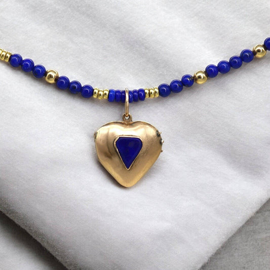 Victorian Puffy Heart Locket with Lapis 10K Pink Gold - Petra Star