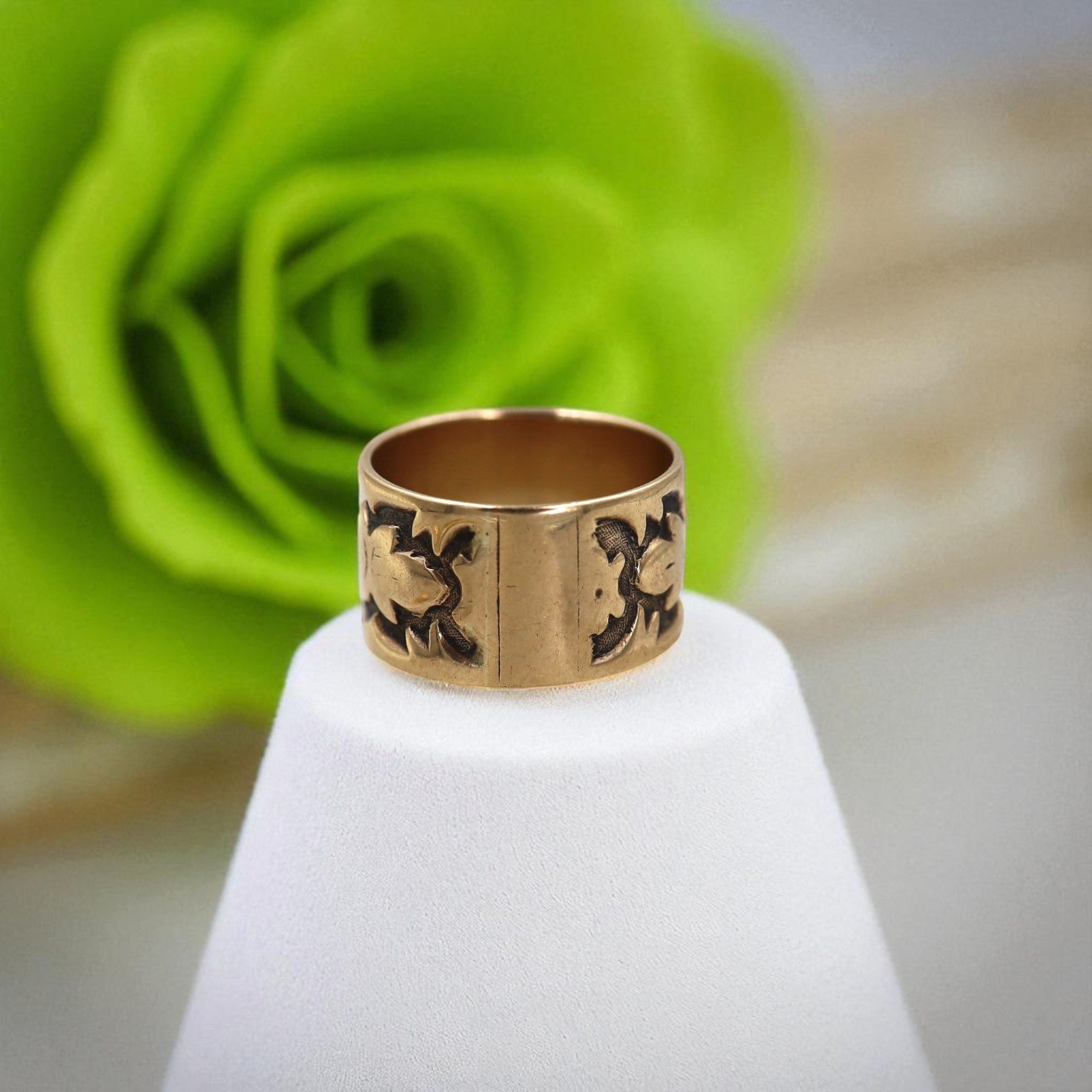 Victorian 10K Pink Gold Cigar Band Ring – Wide Engraved Antique, Size 5.5 - Petra Star