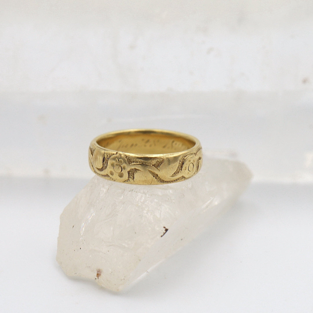 Victorian 18k gold band ring, 5mm wide, size 5, with intricate vintage design, handcrafted by The Vintage Vault.
