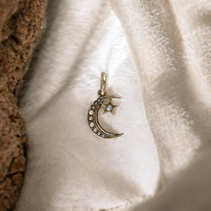 Antique Victorian Crescent Moon and Star Pendant – 14k Yellow Gold with Pearls