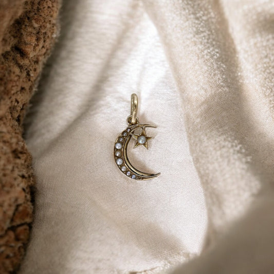 Antique Victorian Crescent Moon and Star Pendant – 14k Yellow Gold with Pearls