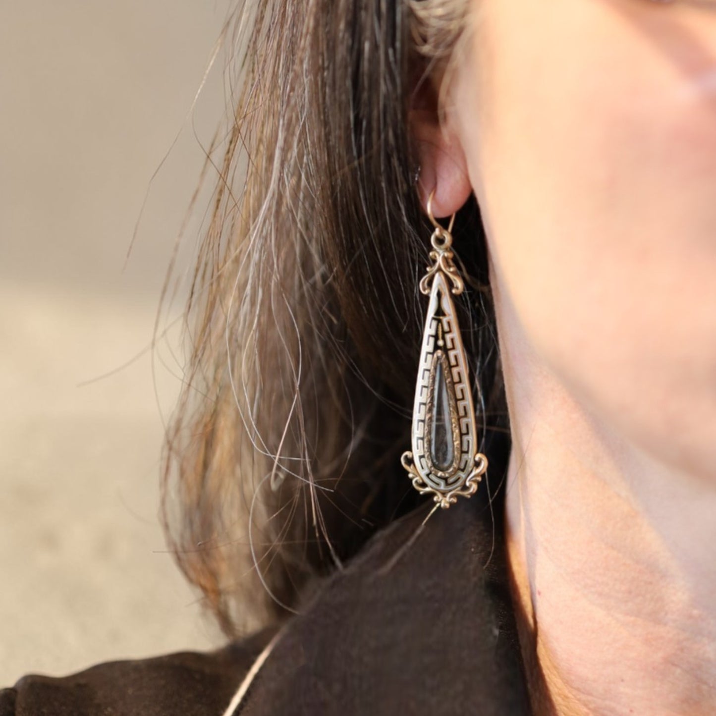 Victorian Mourning Earrings with Hair in 14k Yellow Gold - Petra Star