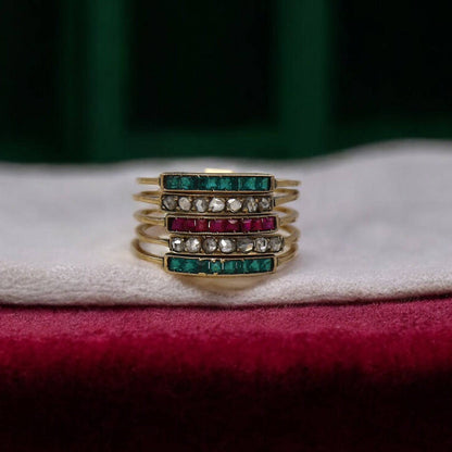 Victorian Harem Ring 14k Yellow Gold with Diamonds, Rubies & Emeralds - Petra Star