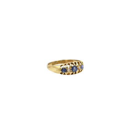 Victorian Sapphire and Diamond Band 18k Yellow Gold / Diamond & Sapphire Belcher Ring