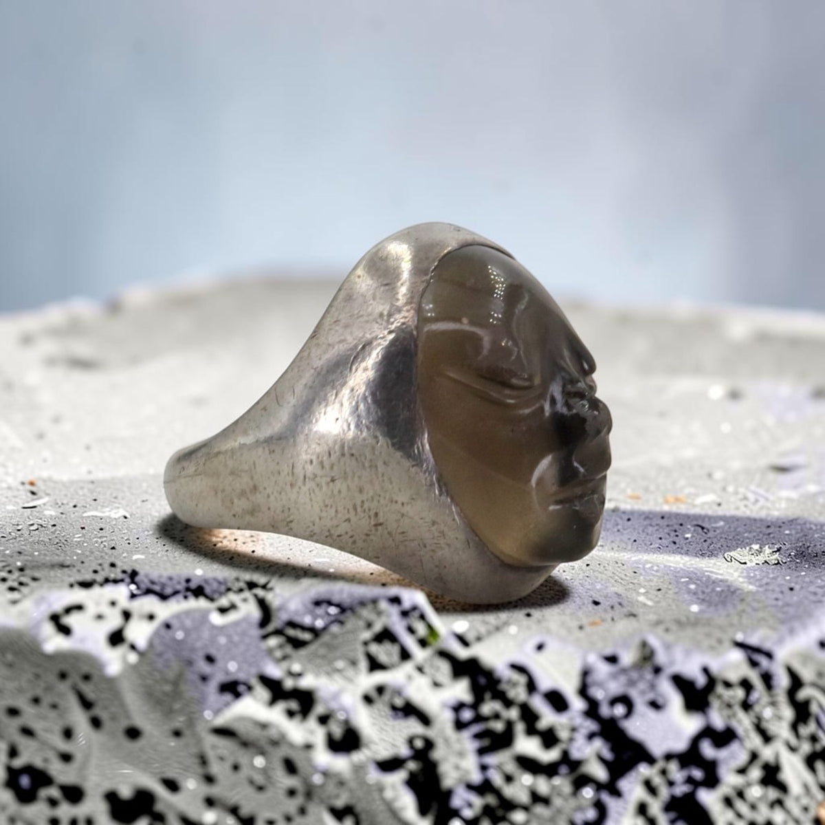 Vintage 1970s Mexican Sterling Silver Smoky Quartz Carved Face Ring — Size 9