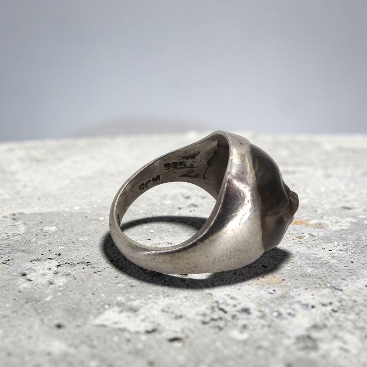 Vintage 1970s Mexican Sterling Silver Smoky Quartz Carved Face Ring — Size 9
