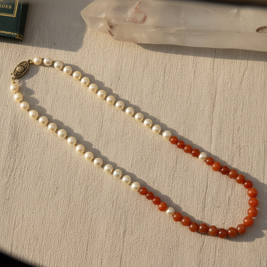 Vintage Carnelian and Pearl Necklace showcasing rich orange gemstones and elegant pearls on a 21-inch chain.