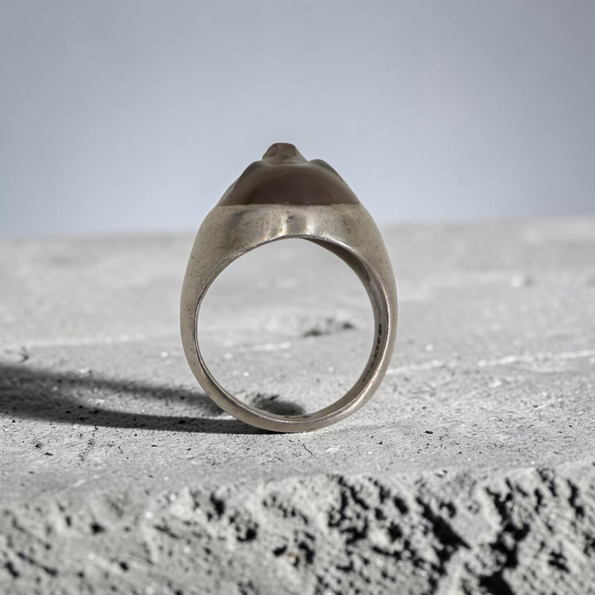 Vintage 1970s Mexican Sterling Silver Smoky Quartz Carved Face Ring — Size 9