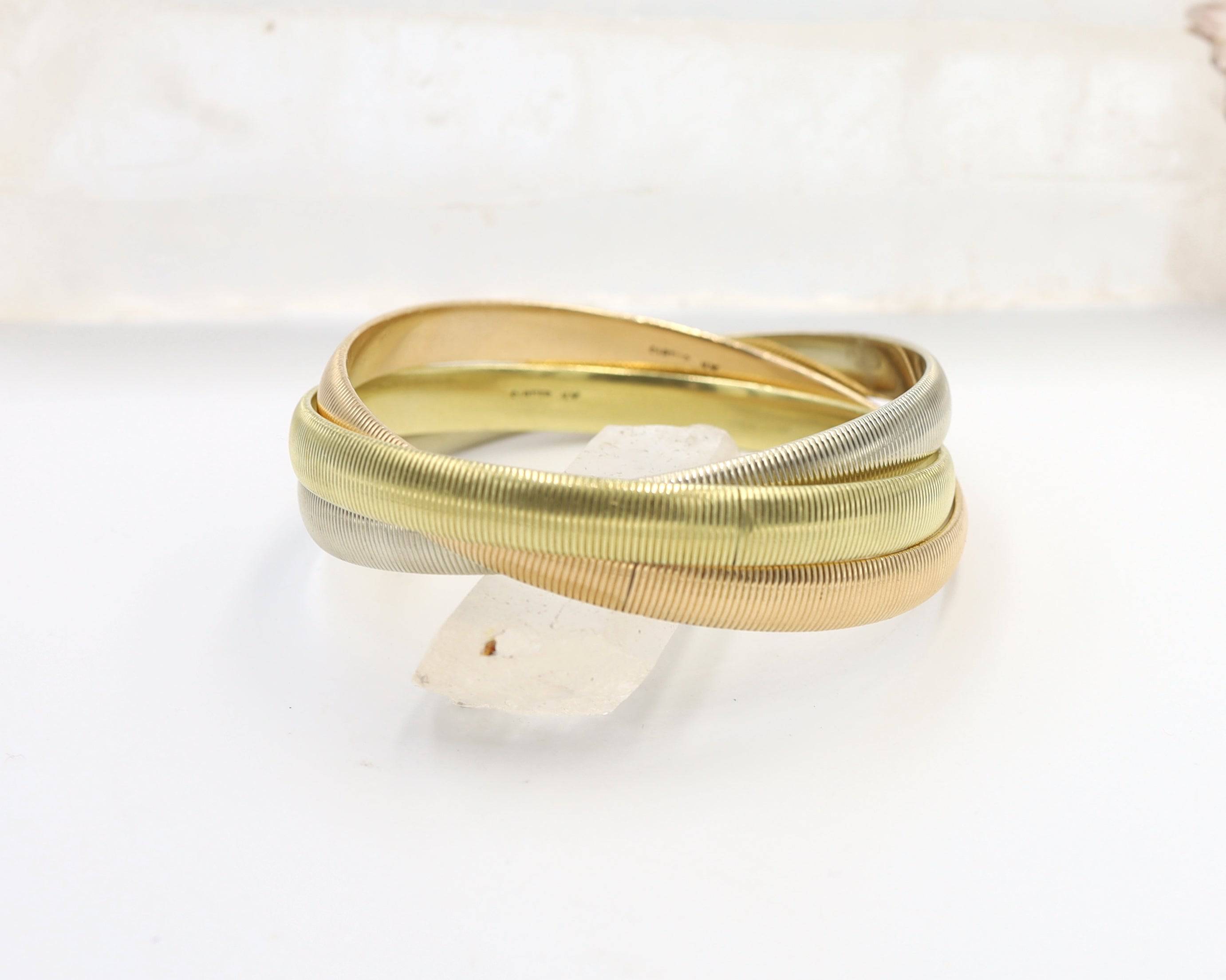 CARTIER 14K Tri Color Gold Trinity Rolling Bangle Bracelet 7 mm Wide E Petra Star