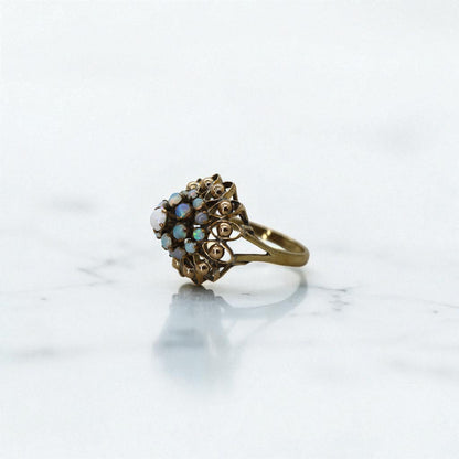 Vintage 1940s White Opal Cluster Harem Ring – Gold Filled Statement Cocktail Jewelry - Petra Star