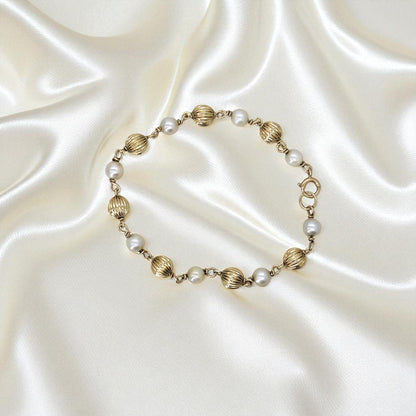 Modern Vintage 14k Yellow Gold and Pearl Bracelet – Handcrafted 7.75” Strand - Petra Star
