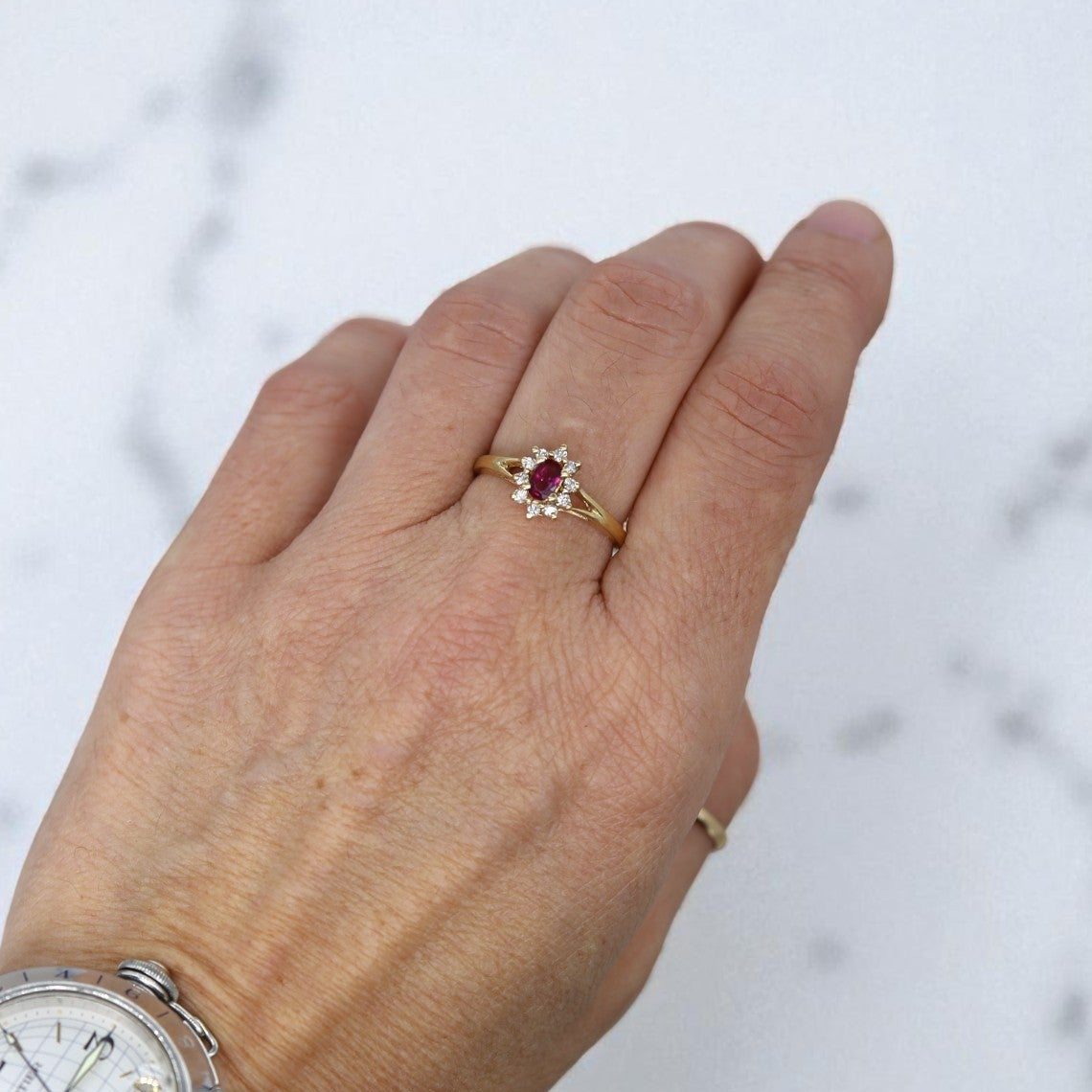 Vintage 1990s Rubellite Tourmaline & Diamond Cluster Ring – Princess Diana Style, 14k Yellow Gold - Petra Star