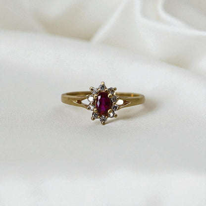 Vintage 1990s Rubellite Tourmaline & Diamond Cluster Ring – Princess Diana Style, 14k Yellow Gold - Petra Star