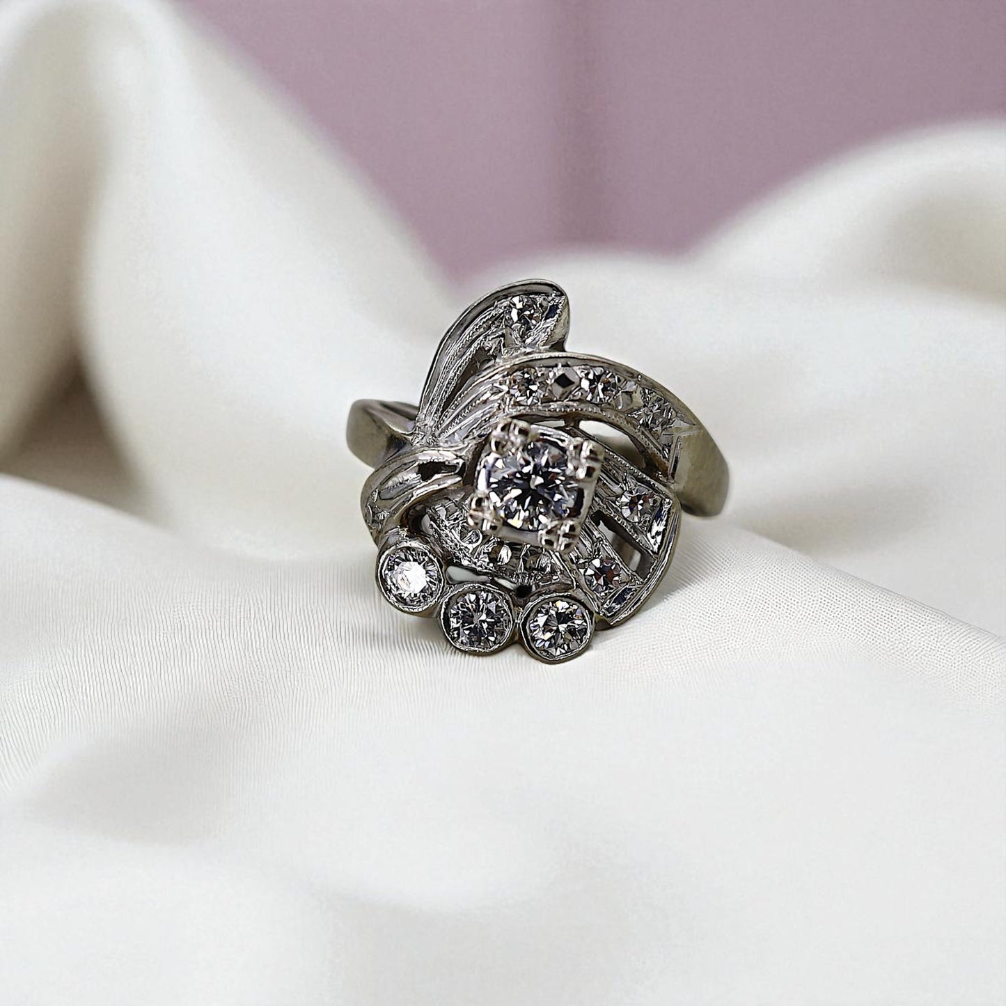 Vintage Diamond Retro Cocktail Ring – 14k White Gold Cluster Statement - Petra Star