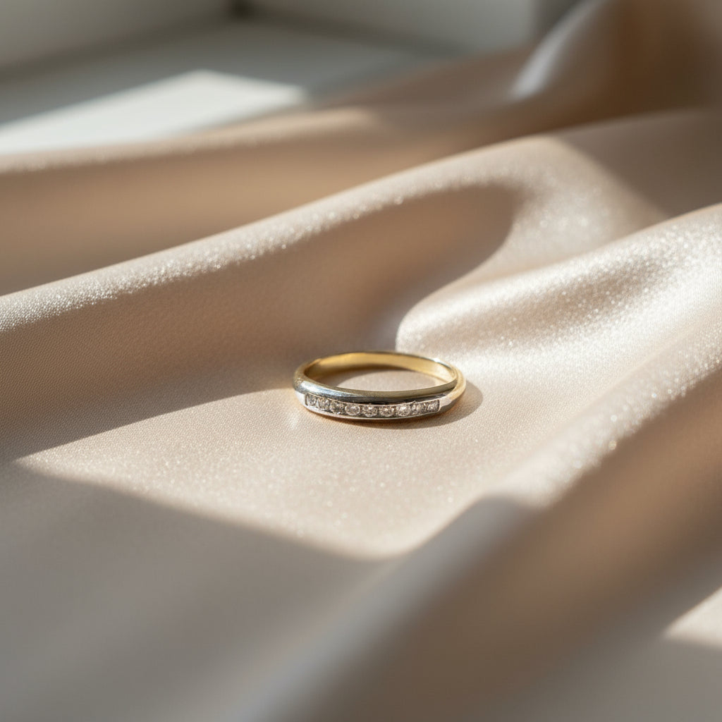 Mid Century Diamond Band 14k White & Yellow Gold 3.2 mm Wide 0.14 Cts - Petra Star