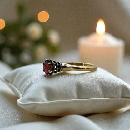 Garnet Spiral Solitaire Ring in 14k Yellow Gold & Silver / Space Age Ring / World's Fair Ring